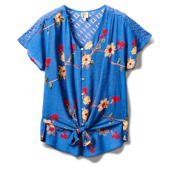 Figueroa & Flower Button Down Embroidered Floral Tie Blue Blush Top Size Small S - Picture 1 of 8